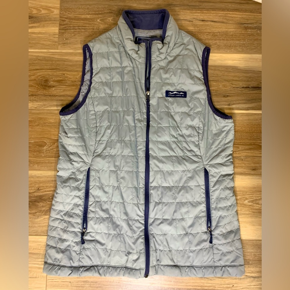 LAUREN JAMES Preptec Vest Gray Womens XL Primaloft New Full Zip Navy Quilted